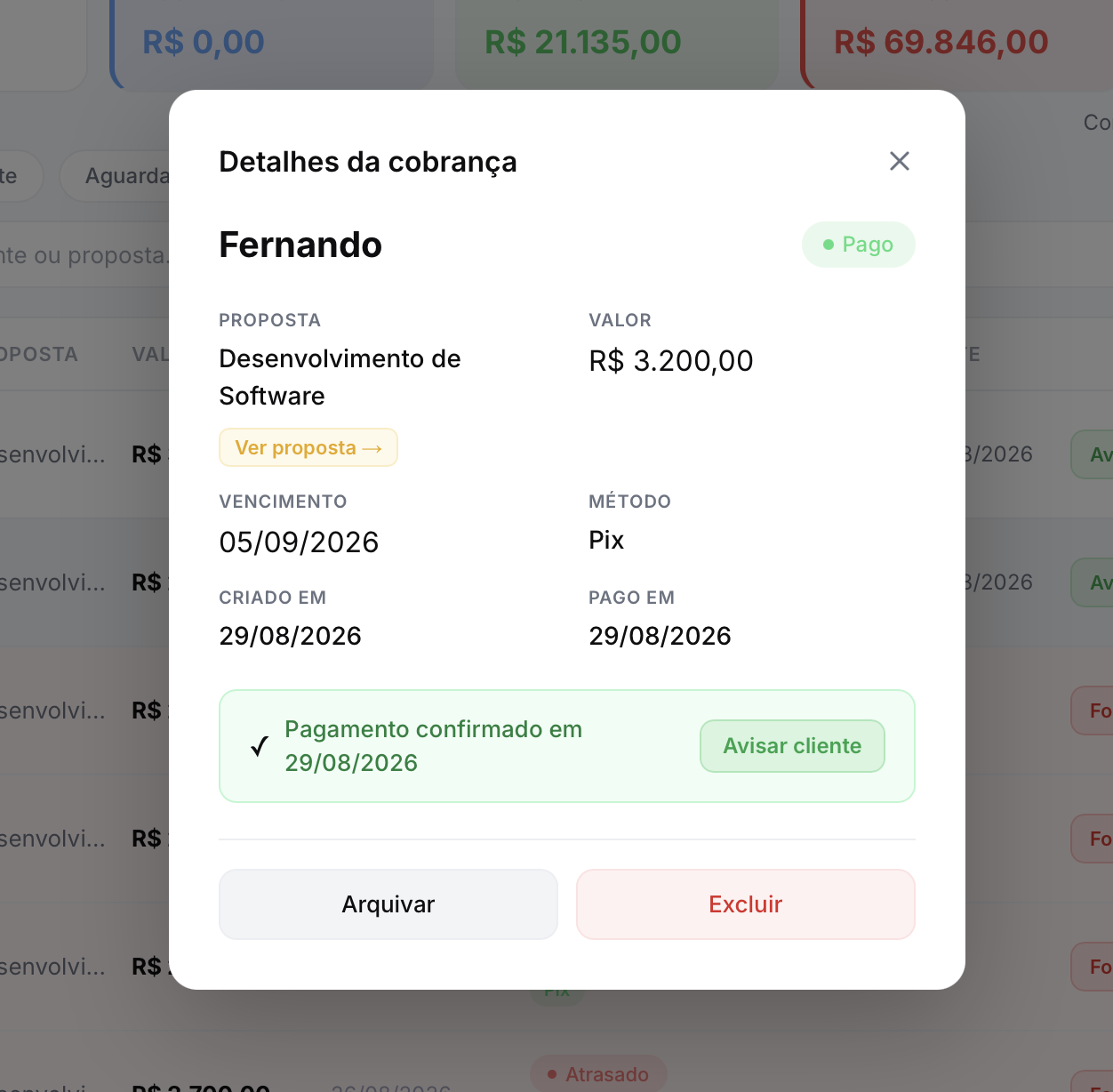 Detalhes da cobrança — pagamento confirmado