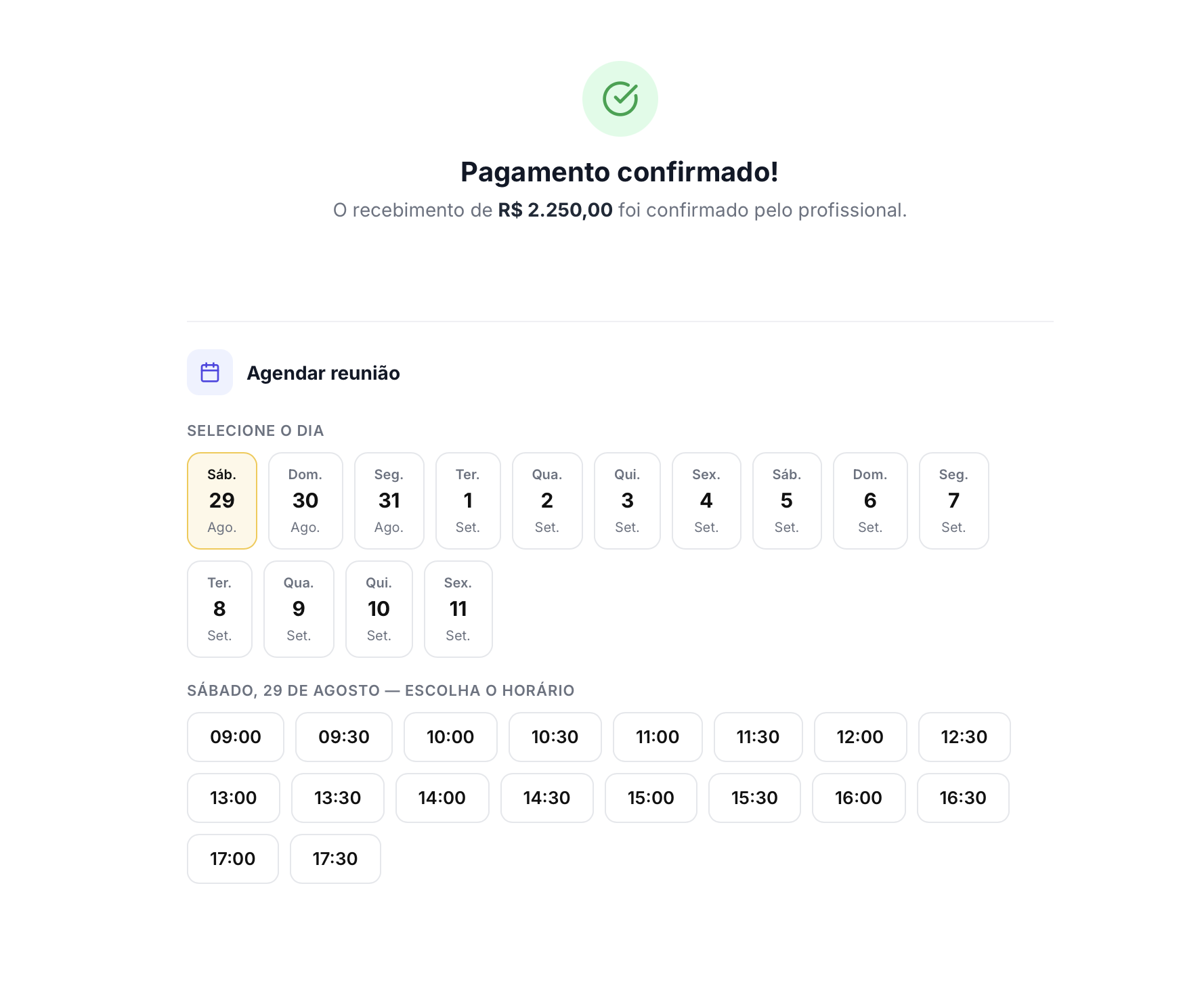 Agendamento de reunião após pagamento confirmado