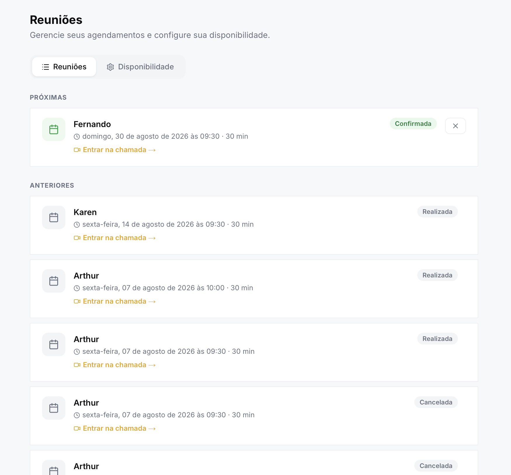 Gerenciamento de reuniões agendadas